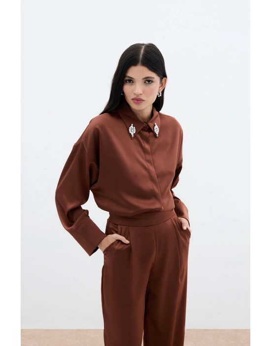 Aksesuar Detaylı Gömlek - Kahve