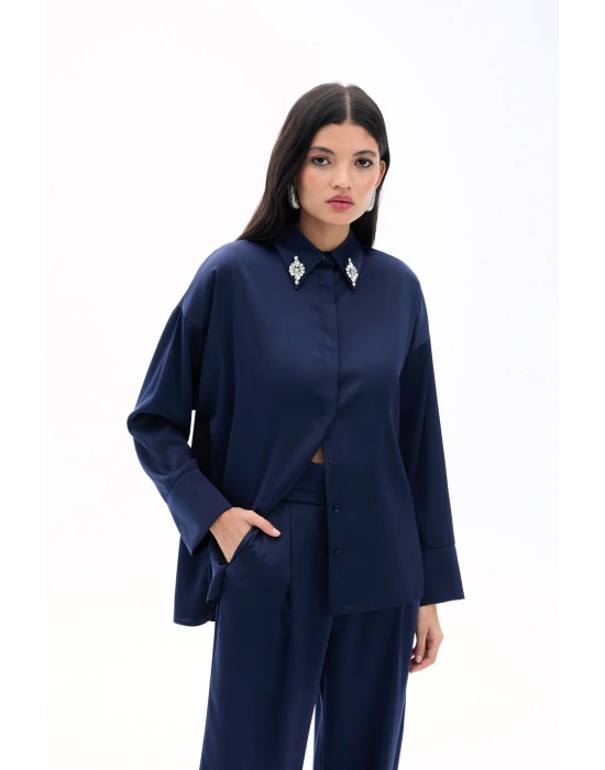 Aksesuar Detaylı Gömlek - Lacivert