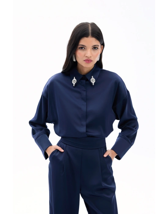 Aksesuar Detaylı Gömlek - Lacivert