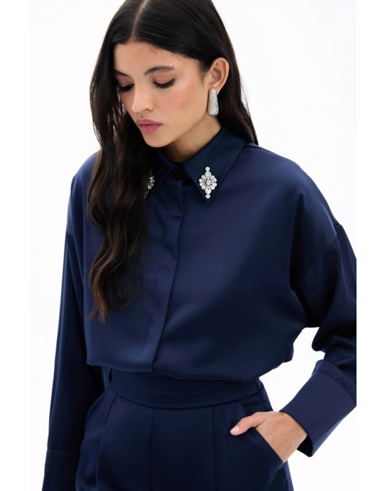 Aksesuar Detaylı Gömlek - Lacivert