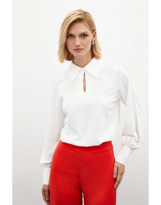 Kolları İnci Detaylı Bluz - Ekru