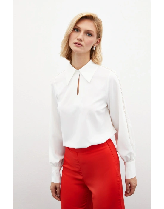 Kolları İnci Detaylı Bluz - Ekru