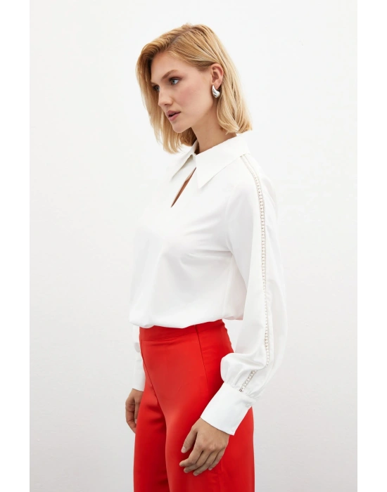 Kolları İnci Detaylı Bluz - Ekru