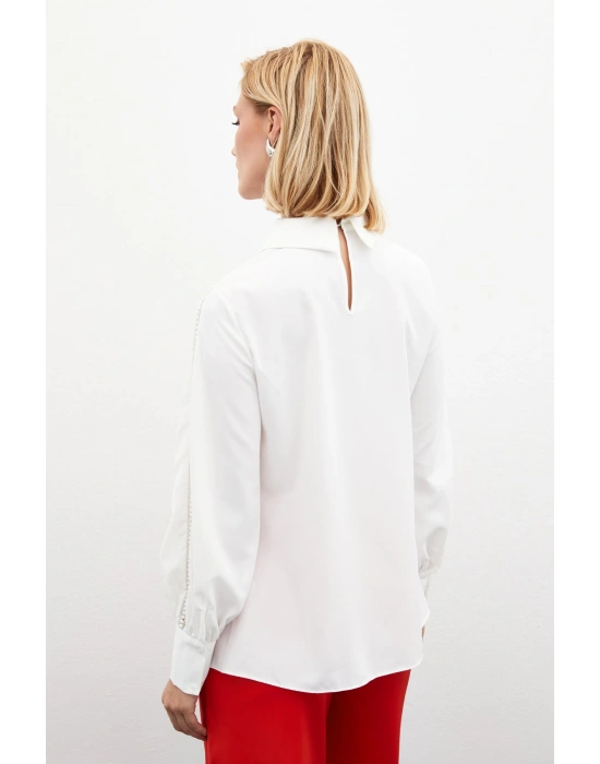 Kolları İnci Detaylı Bluz - Ekru