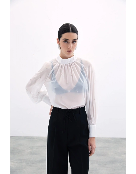 Taş Detaylı Transparan Bluz - Ekru