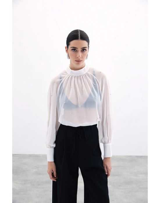 Taş Detaylı Transparan Bluz - Ekru