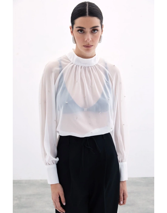 Taş Detaylı Transparan Bluz - Ekru