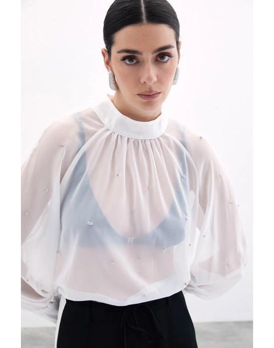 Taş Detaylı Transparan Bluz - Ekru