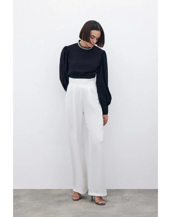 Bel Detaylı Cepli Pantolon - Ekru