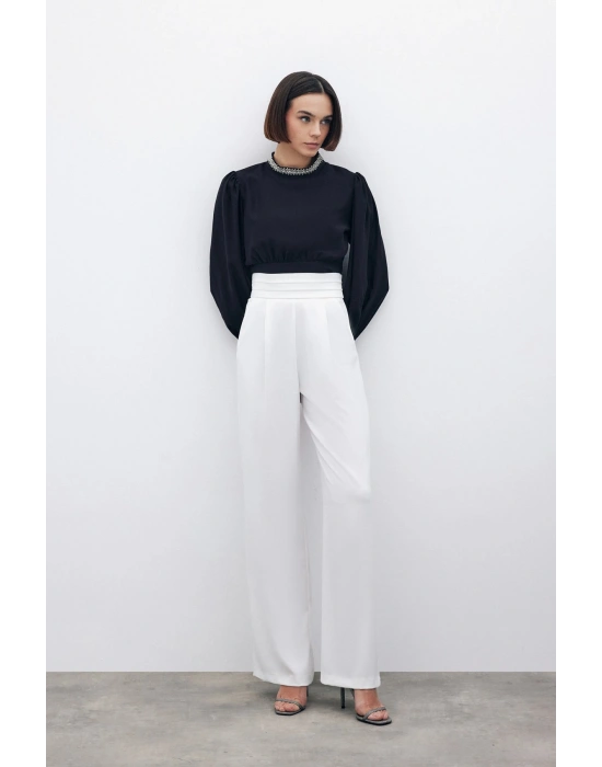 Bel Detaylı Cepli Pantolon - Ekru