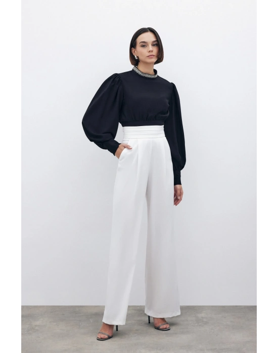 Bel Detaylı Cepli Pantolon - Ekru