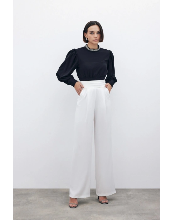 Bel Detaylı Cepli Pantolon - Ekru