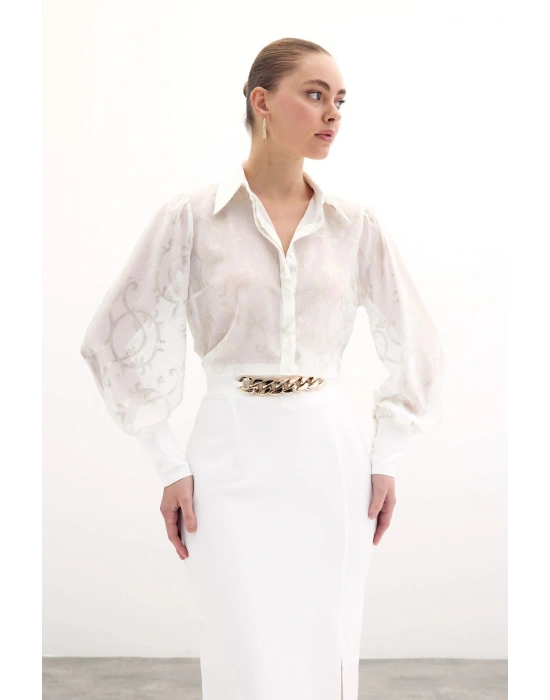 Geniş Manşetli Şifon Gömlek - Ekru