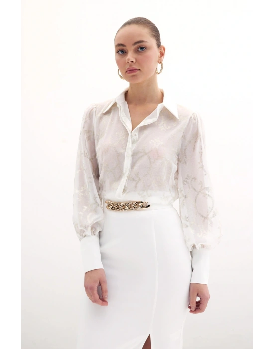 Geniş Manşetli Şifon Gömlek - Ekru