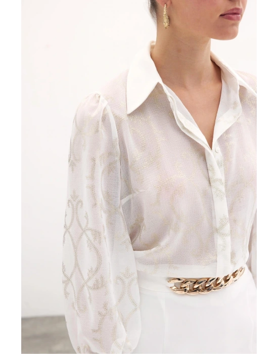 Geniş Manşetli Şifon Gömlek - Ekru