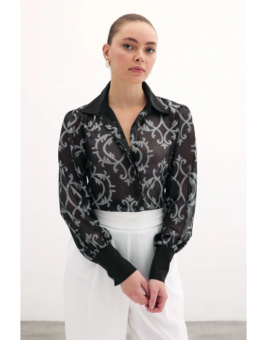 Geniş Manşetli Şifon Gömlek - Siyah