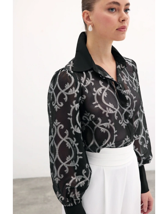 Geniş Manşetli Şifon Gömlek - Siyah