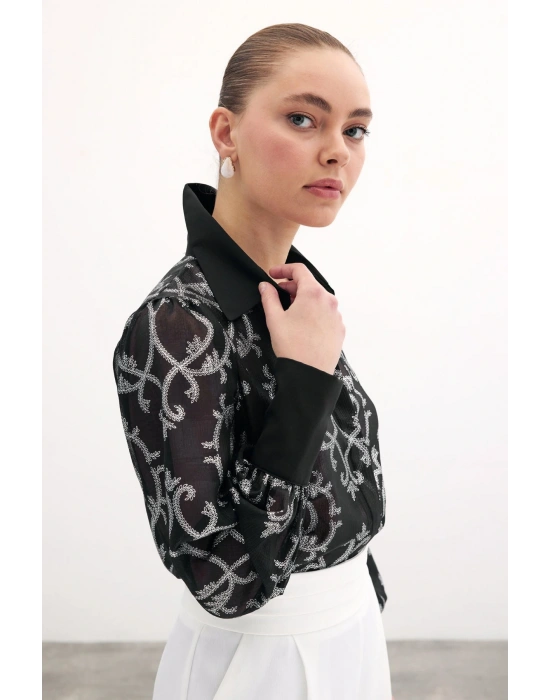 Geniş Manşetli Şifon Gömlek - Siyah