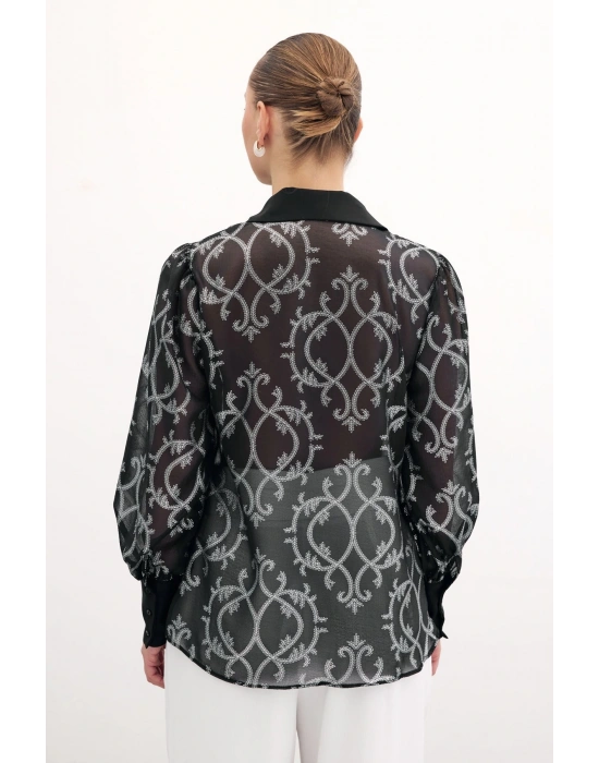 Geniş Manşetli Şifon Gömlek - Siyah