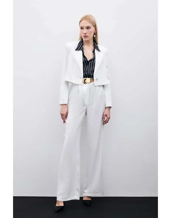 Pileli Krep Pantolon - Ekru