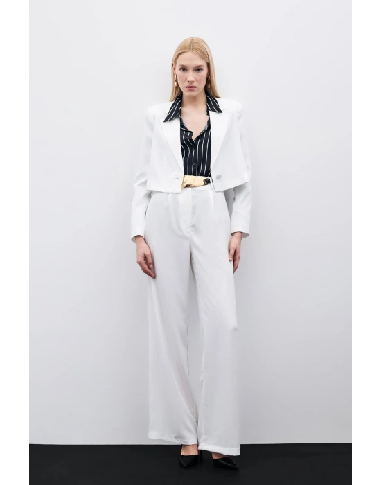 Pileli Krep Pantolon - Ekru