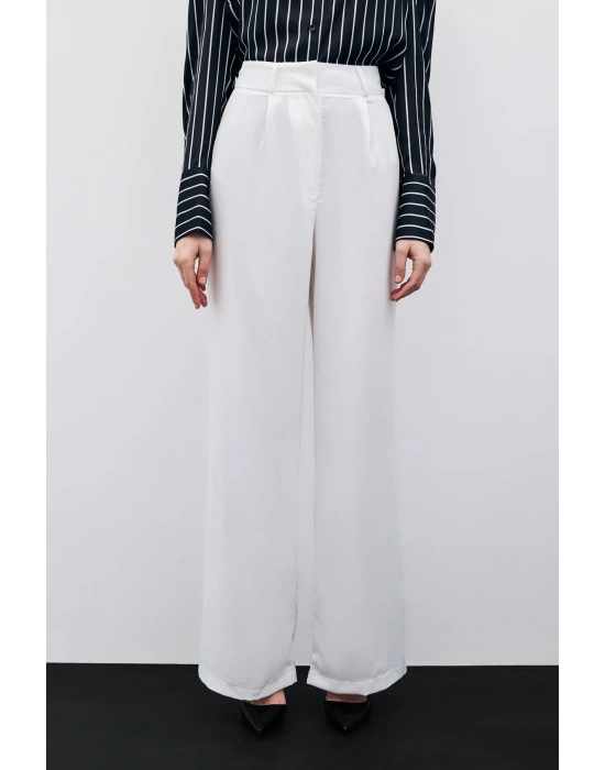 Pileli Krep Pantolon - Ekru