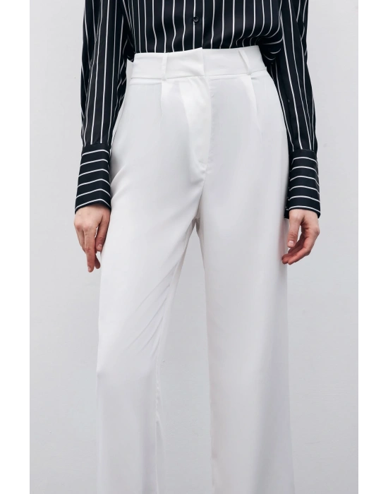 Pileli Krep Pantolon - Ekru