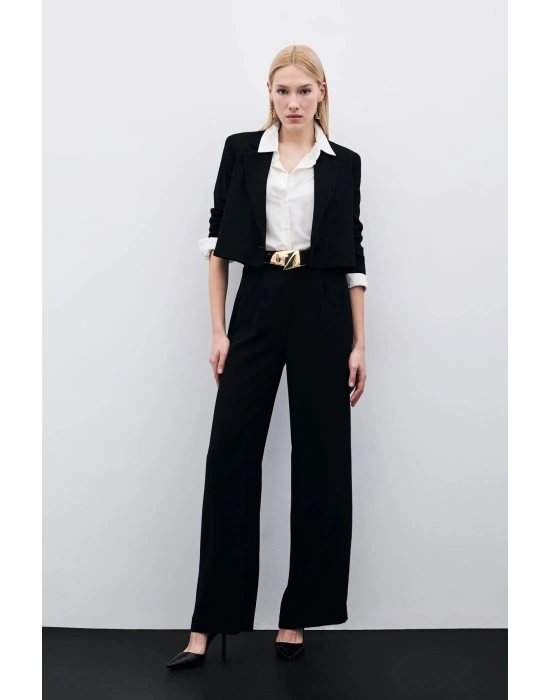 Pileli Krep Pantolon - Siyah