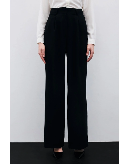 Pileli Krep Pantolon - Siyah