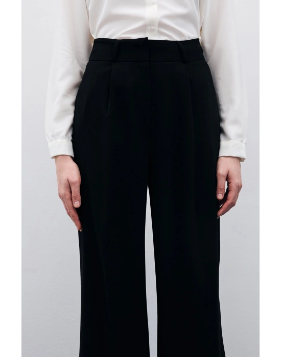 Pileli Krep Pantolon - Siyah