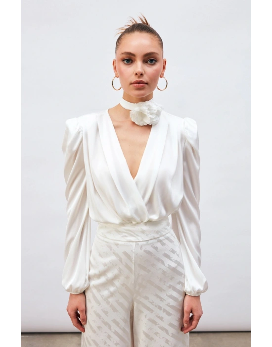 Kruvaze Saten Bodysuit Bluz - Ekru
