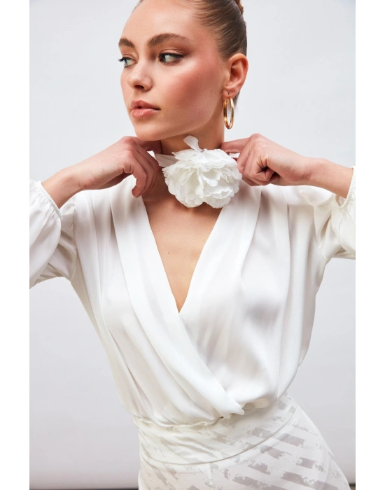 Kruvaze Saten Bodysuit Bluz - Ekru