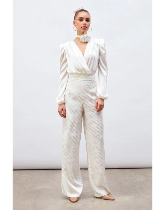 Kruvaze Saten Bodysuit Bluz - Ekru