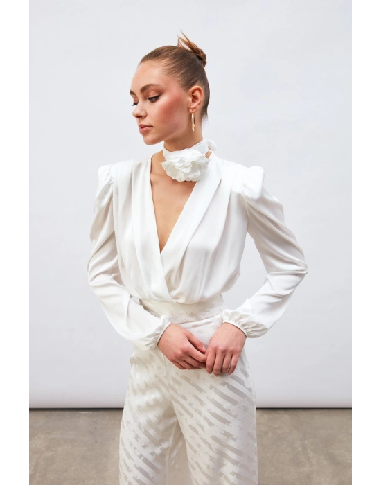 Kruvaze Saten Bodysuit Bluz - Ekru