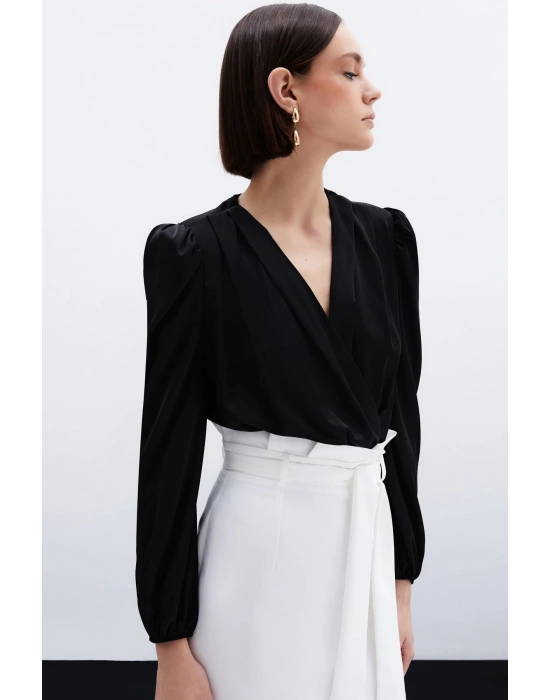 Kruvaze Saten Bodysuit Bluz - Siyah