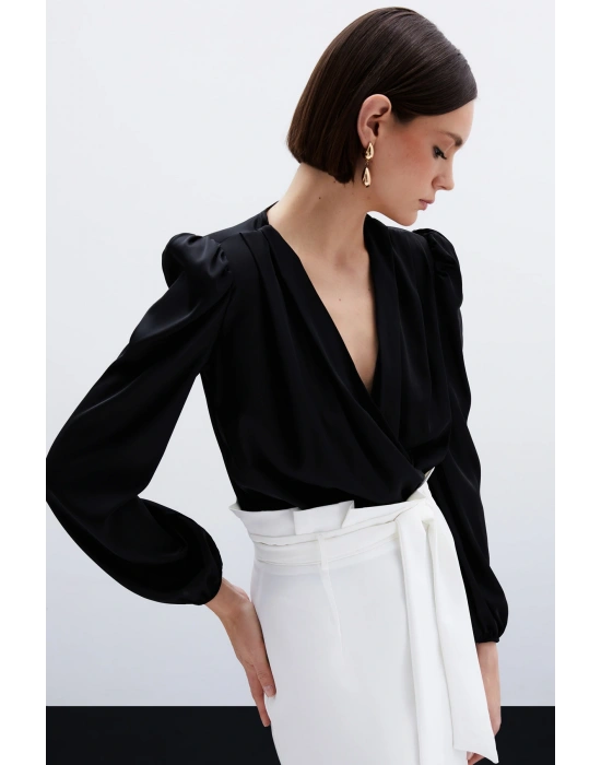 Kruvaze Saten Bodysuit Bluz - Siyah