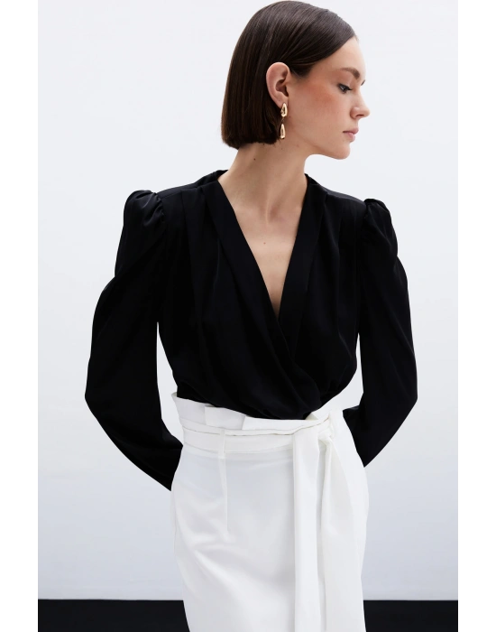 Kruvaze Saten Bodysuit Bluz - Siyah