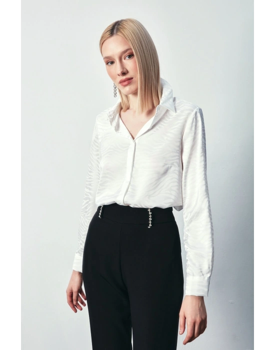 Desenli Düz Klasik Gömlek - Ekru