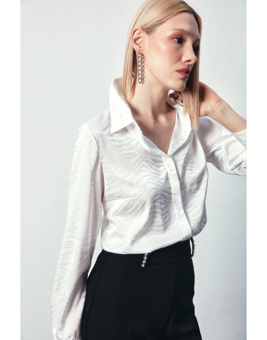 Desenli Düz Klasik Gömlek - Ekru