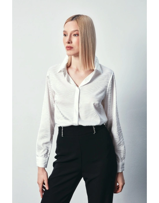 Desenli Düz Klasik Gömlek - Ekru