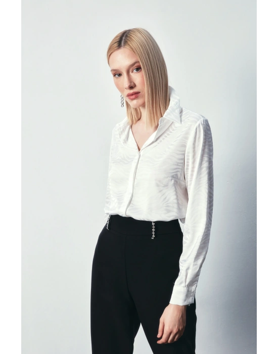 Desenli Düz Klasik Gömlek - Ekru