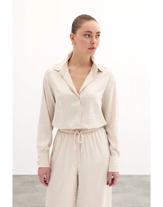 Desenli Düz Klasik Gömlek - Taş