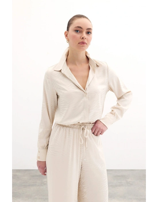 Desenli Düz Klasik Gömlek - Taş