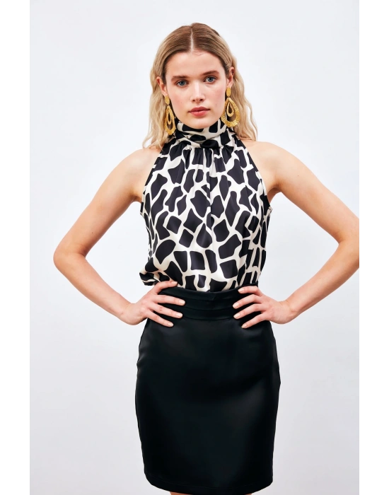 Desenli Kolsuz Bluz - SİYAH