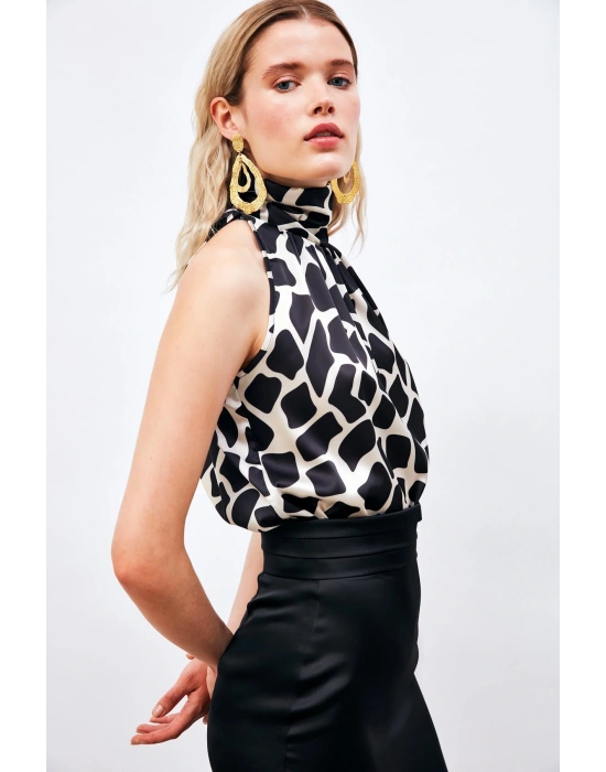 Desenli Kolsuz Bluz - SİYAH