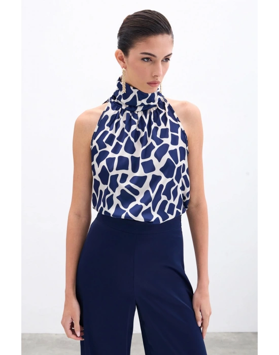 Boğazlı Kolsuz Bluz - Bej-Lacivert