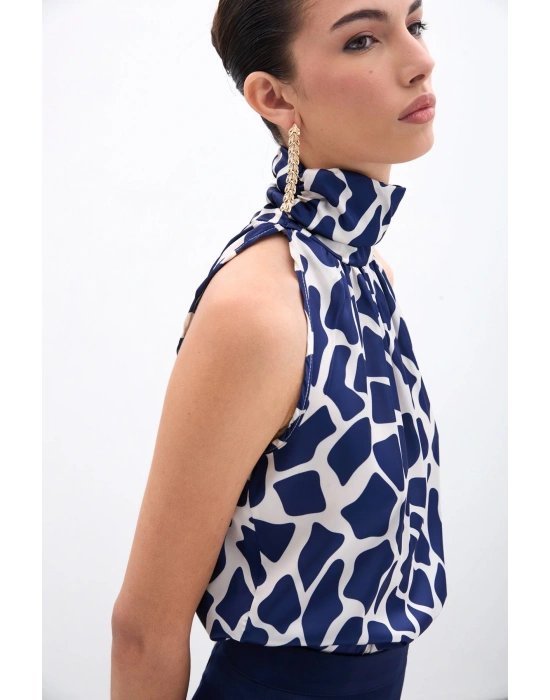 Boğazlı Kolsuz Bluz - Bej-Lacivert