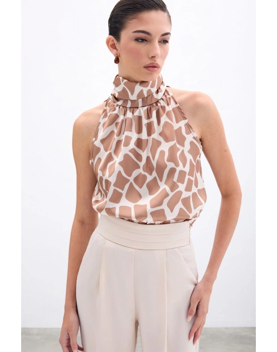 Boğazlı Kolsuz Bluz - Bej-Camel