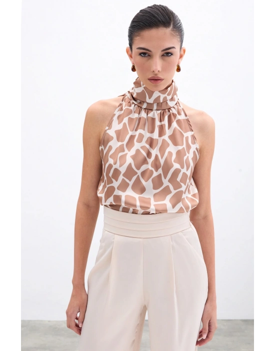 Boğazlı Kolsuz Bluz - Bej-Camel