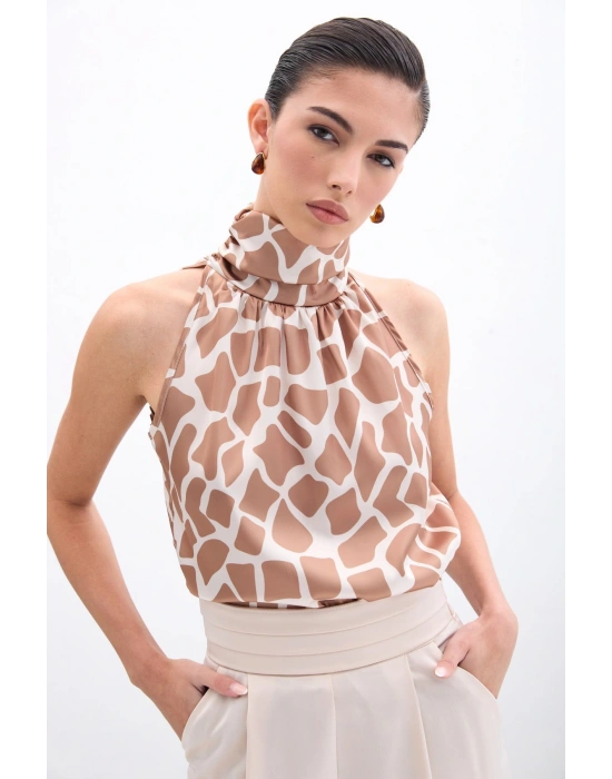 Boğazlı Kolsuz Bluz - Bej-Camel